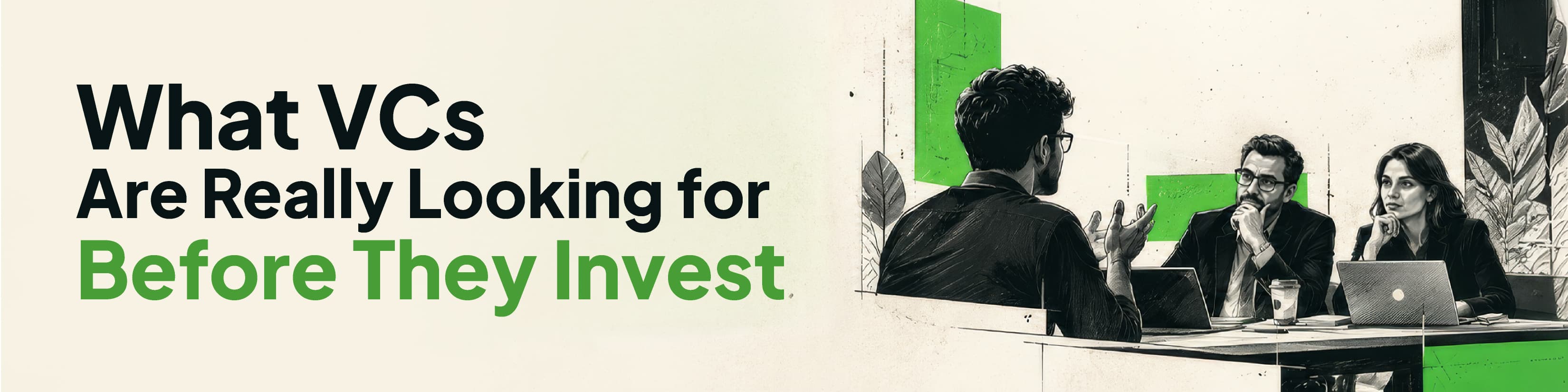 Illustration of a founder pitching to two investors across a table, beside the title What VCs Are Really Looking For Before They Invest
